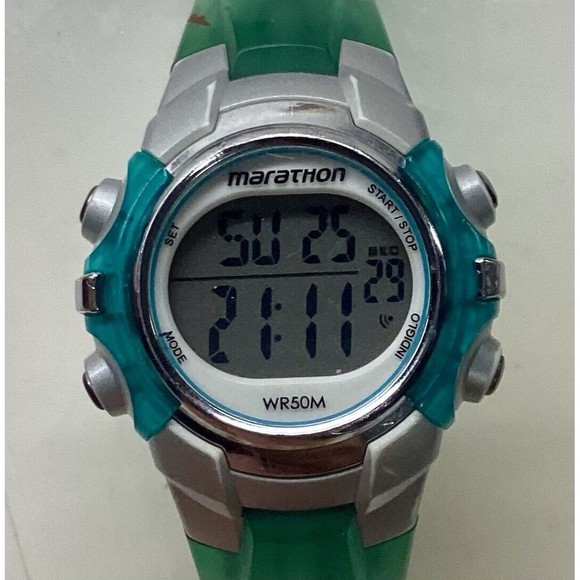 Marathon Woman Digital Day Date Alarm Timer Indiglo Green Band Watch - Picture 1 of 6
